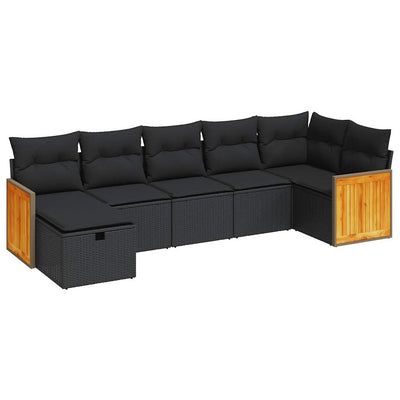 7 Piece Garden Sofa Set with Cushions Black Poly Rattan