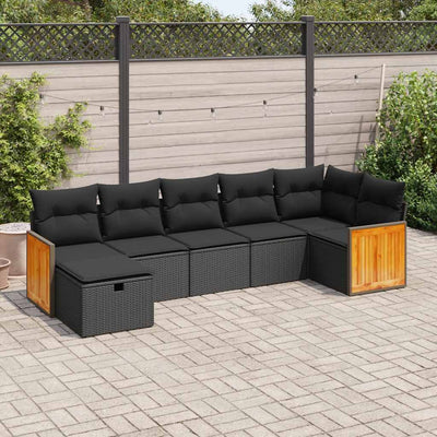 7 Piece Garden Sofa Set with Cushions Black Poly Rattan