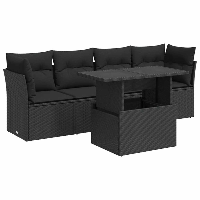 5 Piece Garden Sofa Set with Cushions Black Poly Rattan