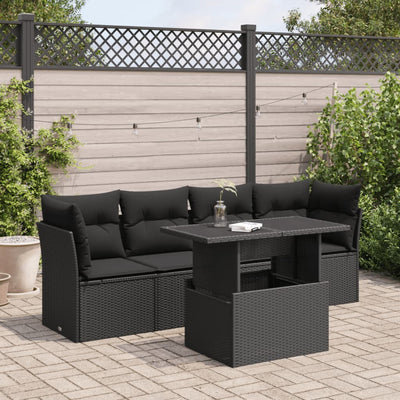 5 Piece Garden Sofa Set with Cushions Black Poly Rattan