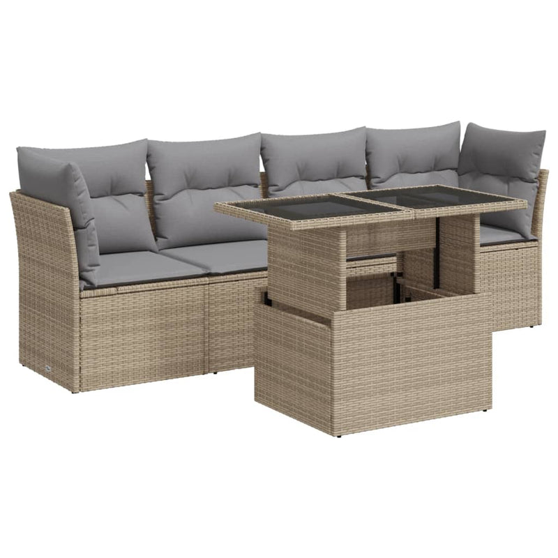 5 Piece Garden Sofa Set with Cushions Beige Poly Rattan