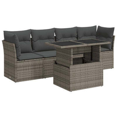 5 Piece Garden Sofa Set with Cushions Grey Poly Rattan