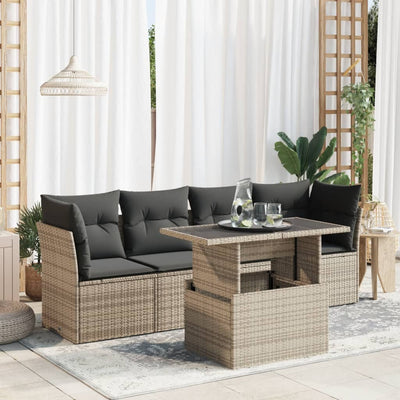 5 Piece Garden Sofa Set with Cushions Grey Poly Rattan