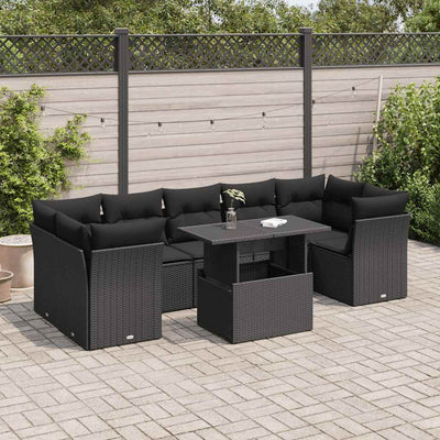 8 Piece Garden Sofa Set with Cushions Black Poly Rattan