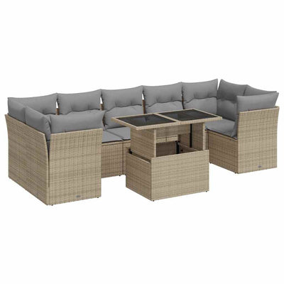 8 Piece Garden Sofa Set with Cushions Beige Poly Rattan