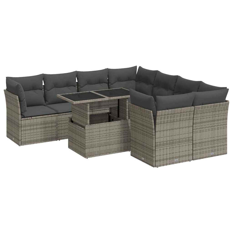 9 Piece Garden Sofa Set with Cushions Grey Poly Rattan