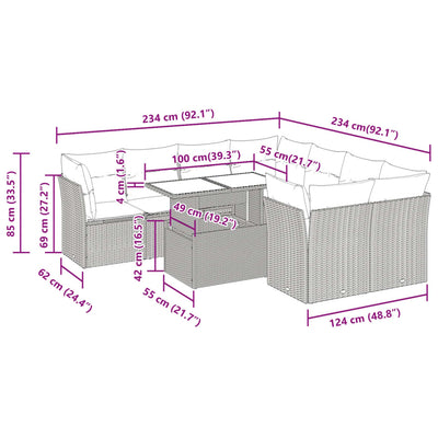 9 Piece Garden Sofa Set with Cushions Grey Poly Rattan