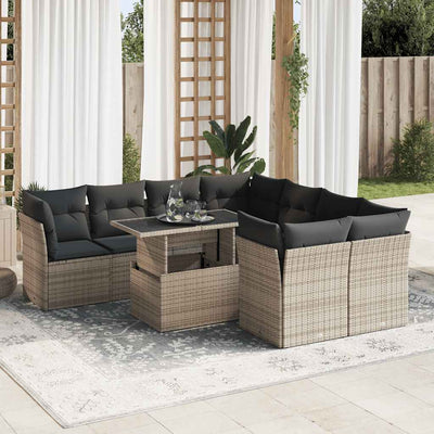 9 Piece Garden Sofa Set with Cushions Grey Poly Rattan