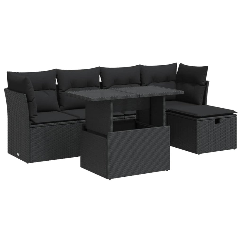 6 Piece Garden Sofa Set with Cushions Black Poly Rattan