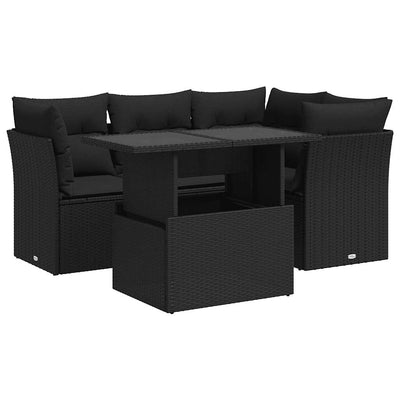 5 Piece Garden Sofa Set with Cushions Black Poly Rattan