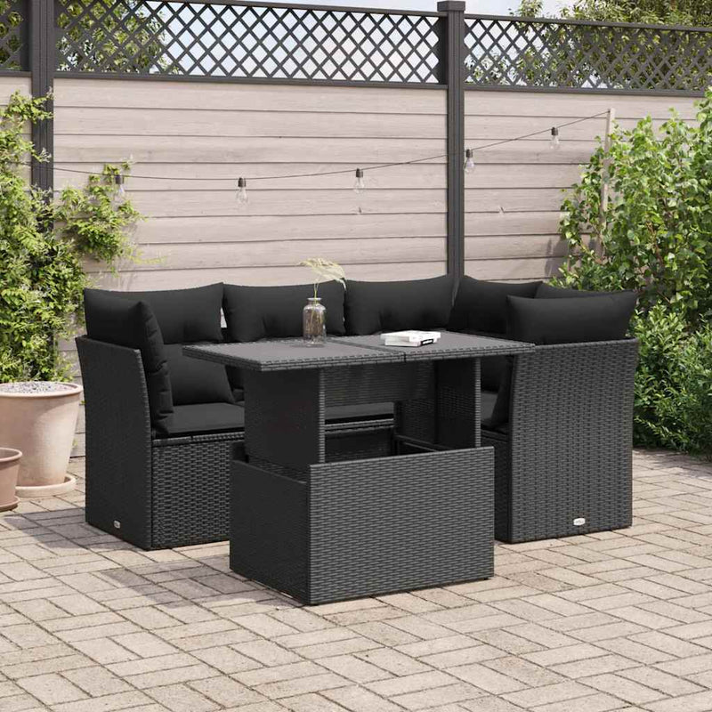 5 Piece Garden Sofa Set with Cushions Black Poly Rattan