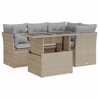 5 Piece Garden Sofa Set with Cushions Beige Poly Rattan