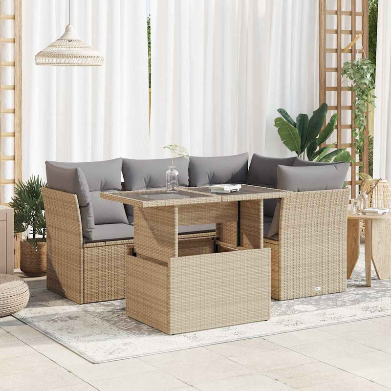 5 Piece Garden Sofa Set with Cushions Beige Poly Rattan