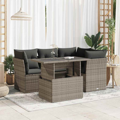 5 Piece Garden Sofa Set with Cushions Grey Poly Rattan