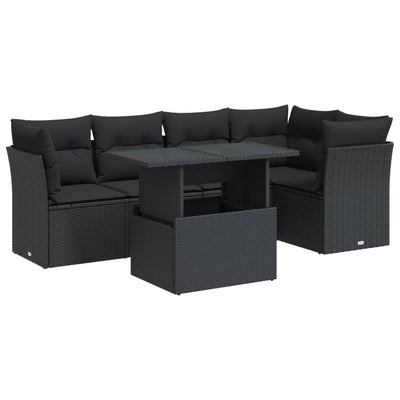 6 Piece Garden Sofa Set with Cushions Black Poly Rattan