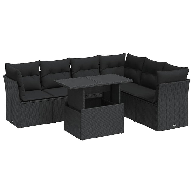 7 Piece Garden Sofa Set with Cushions Black Poly Rattan