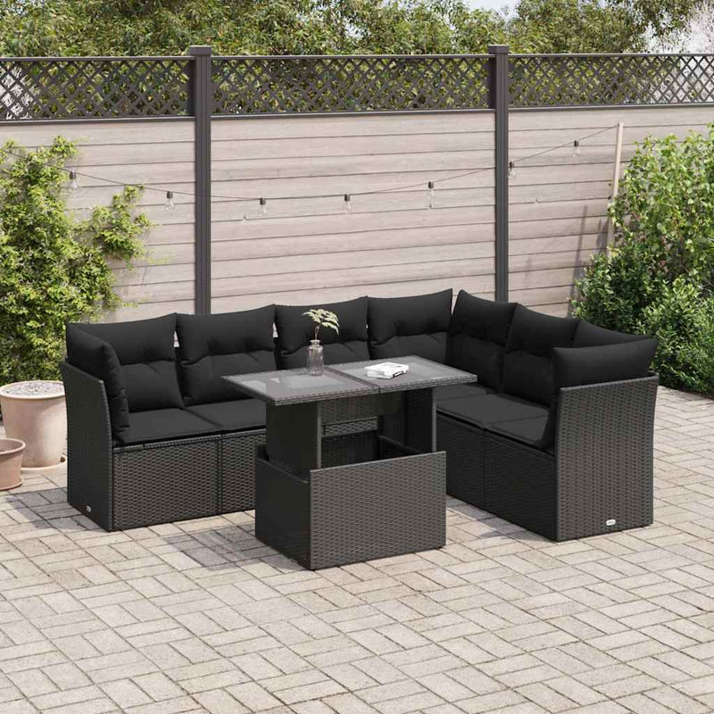 7 Piece Garden Sofa Set with Cushions Black Poly Rattan