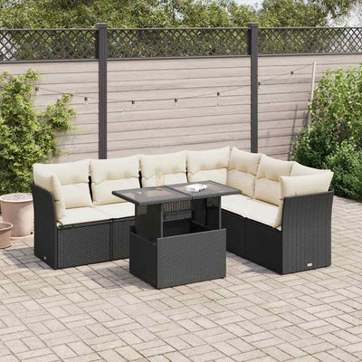 7 Piece Garden Sofa Set with Cushions Black Poly Rattan