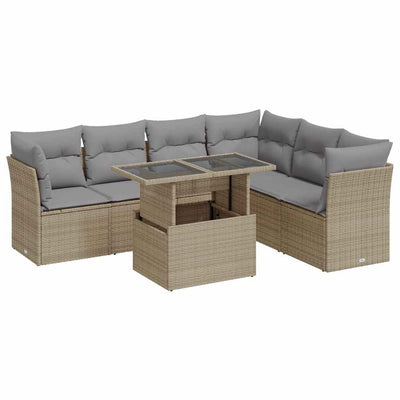 7 Piece Garden Sofa Set with Cushions Beige Poly Rattan