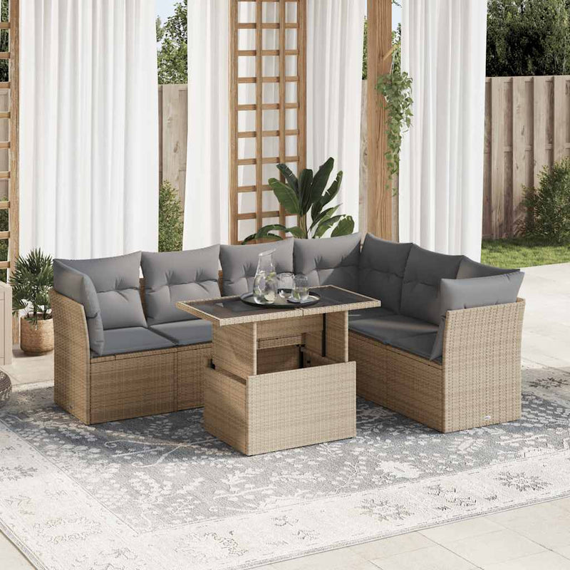 7 Piece Garden Sofa Set with Cushions Beige Poly Rattan