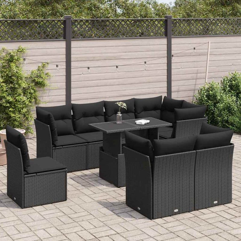 9 Piece Garden Sofa Set with Cushions Black Poly Rattan