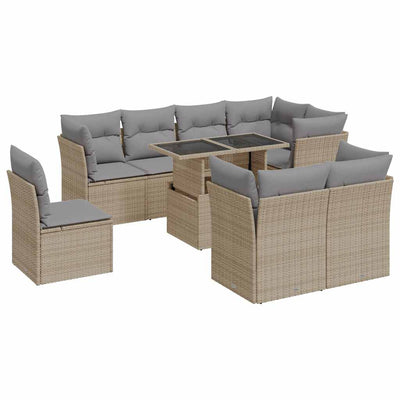 9 Piece Garden Sofa Set with Cushions Beige Poly Rattan