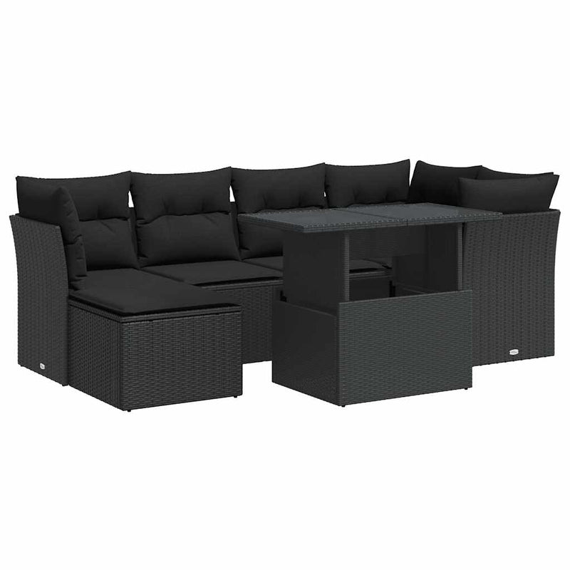 7 Piece Garden Sofa Set with Cushions Black Poly Rattan