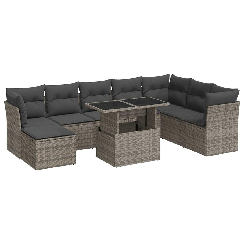 9 Piece Garden Sofa Set with Cushions Grey Poly Rattan