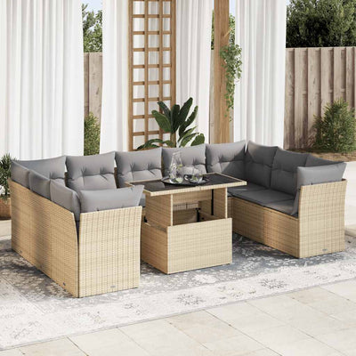 10 Piece Garden Sofa Set with Cushions Beige Poly Rattan