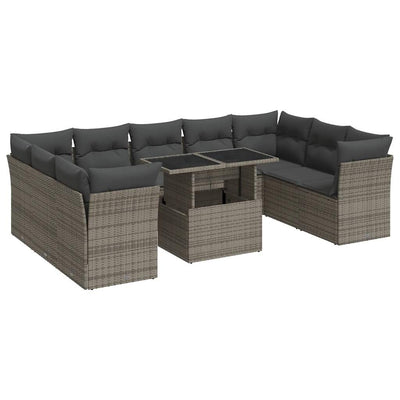 10 Piece Garden Sofa Set with Cushions Grey Poly Rattan