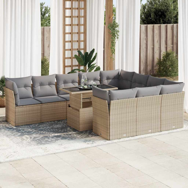 11 Piece Garden Sofa Set with Cushions Beige Poly Rattan