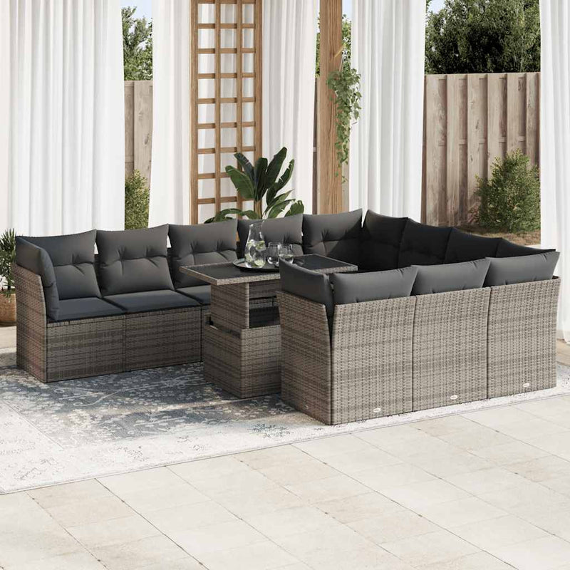 11 Piece Garden Sofa Set with Cushions Grey Poly Rattan