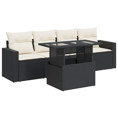 5 Piece Garden Sofa Set with Cushions Black Poly Rattan