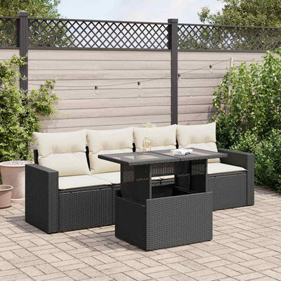 5 Piece Garden Sofa Set with Cushions Black Poly Rattan