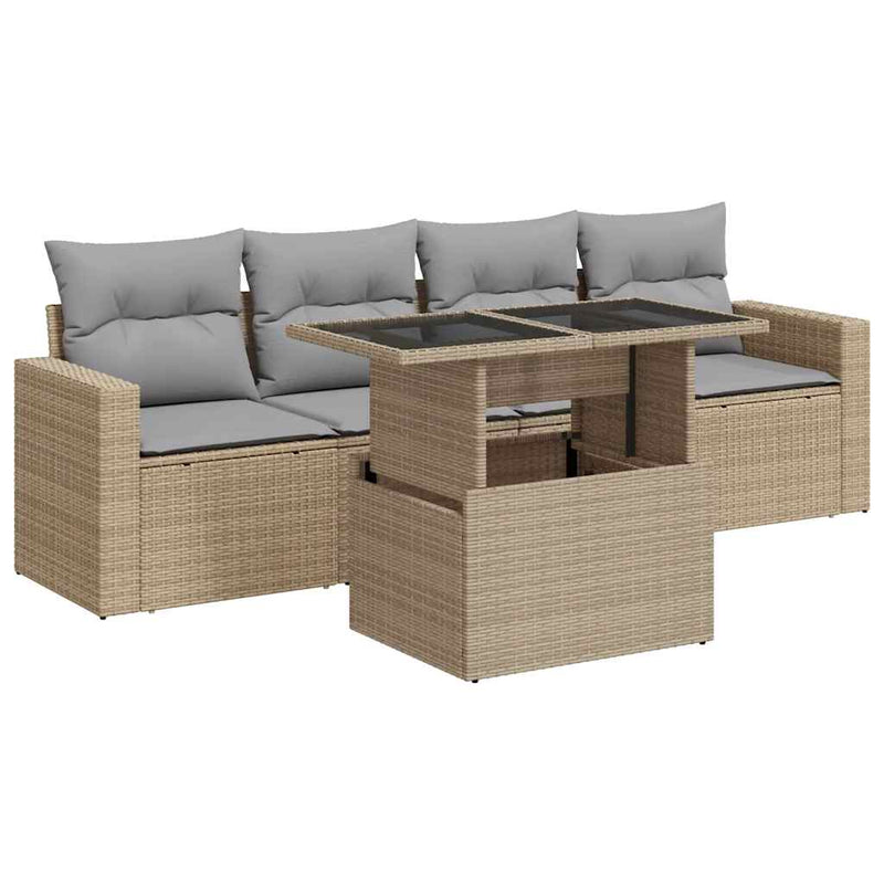 5 Piece Garden Sofa Set with Cushions Beige Poly Rattan