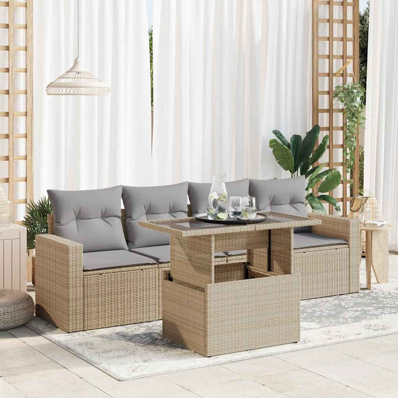 5 Piece Garden Sofa Set with Cushions Beige Poly Rattan