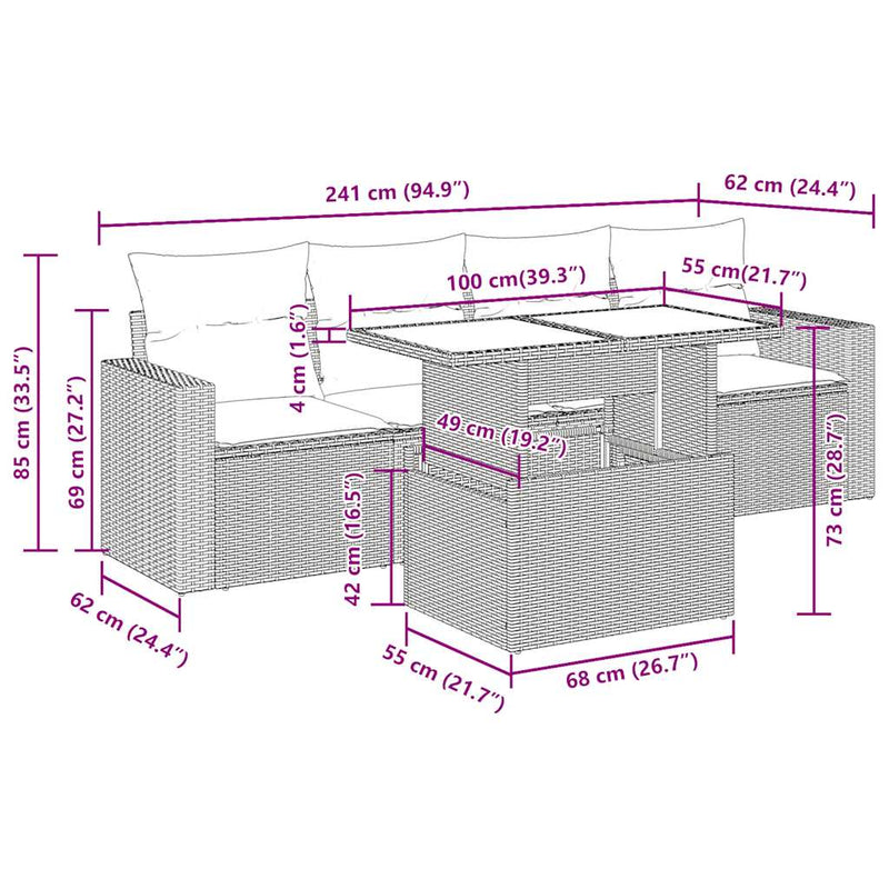 5 Piece Garden Sofa Set with Cushions Grey Poly Rattan