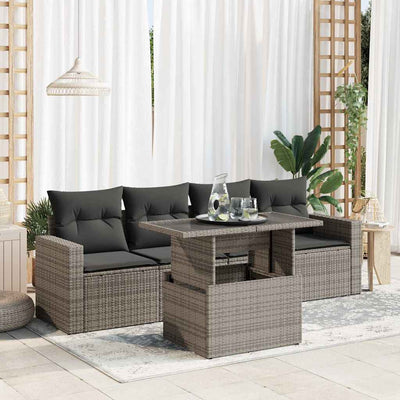 5 Piece Garden Sofa Set with Cushions Grey Poly Rattan