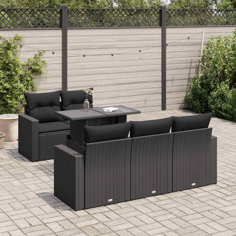 6 Piece Garden Sofa Set with Cushions Black Poly Rattan