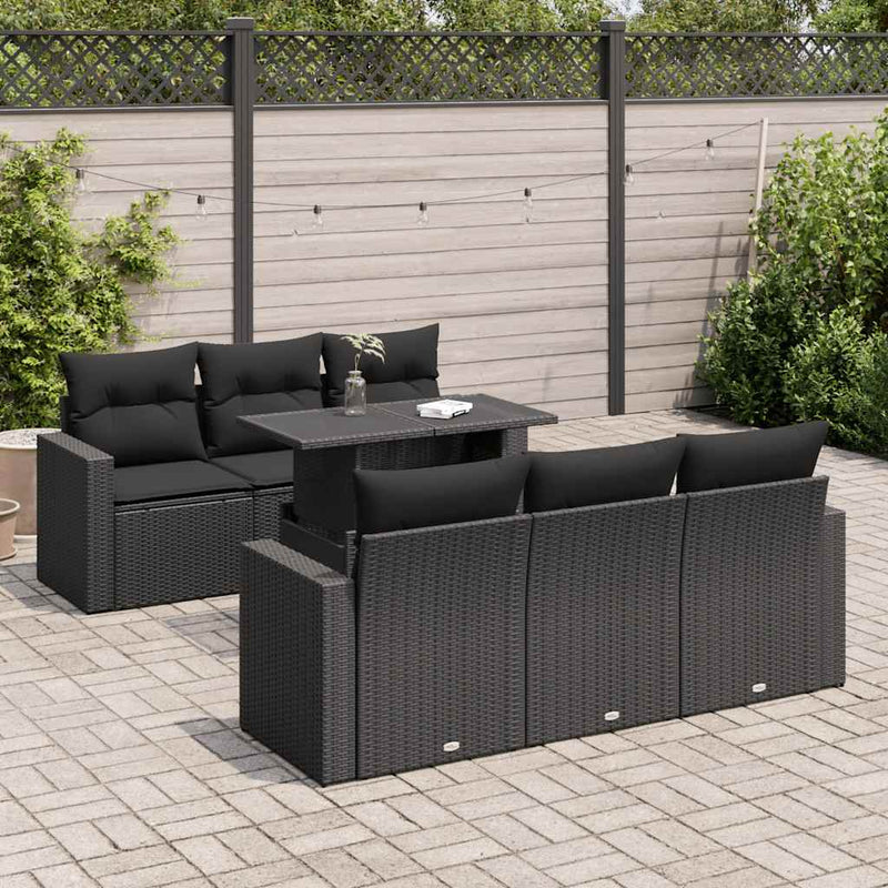 7 Piece Garden Sofa Set with Cushions Black Poly Rattan