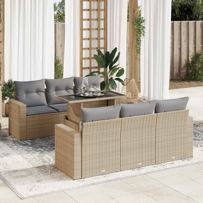 7 Piece Garden Sofa Set with Cushions Beige Poly Rattan