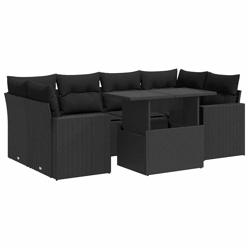 7 Piece Garden Sofa Set with Cushions Black Poly Rattan