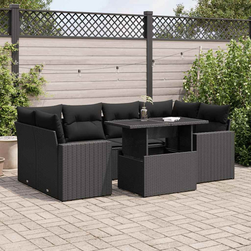 7 Piece Garden Sofa Set with Cushions Black Poly Rattan