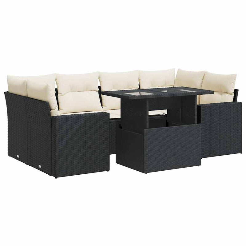 7 Piece Garden Sofa Set with Cushions Black Poly Rattan