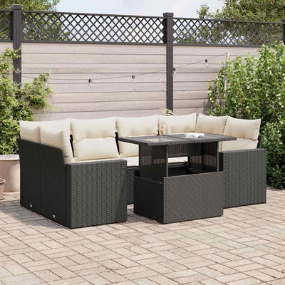 7 Piece Garden Sofa Set with Cushions Black Poly Rattan