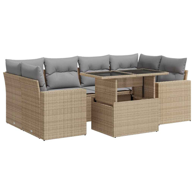 7 Piece Garden Sofa Set with Cushions Beige Poly Rattan