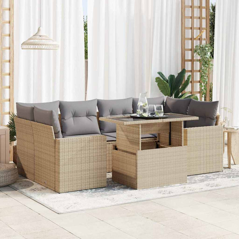 7 Piece Garden Sofa Set with Cushions Beige Poly Rattan