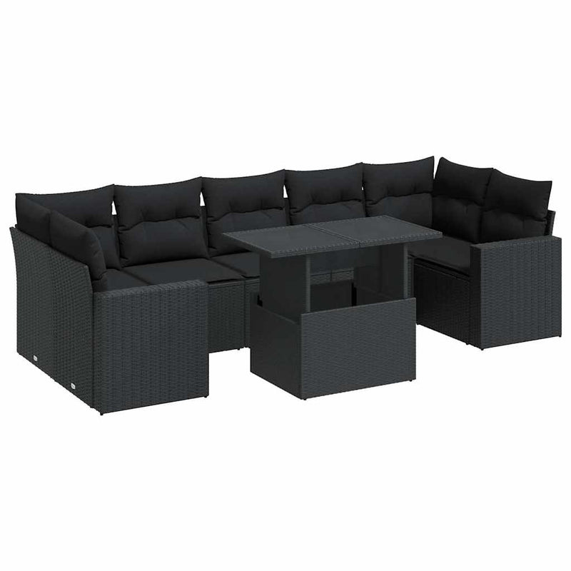 8 Piece Garden Sofa Set with Cushions Black Poly Rattan