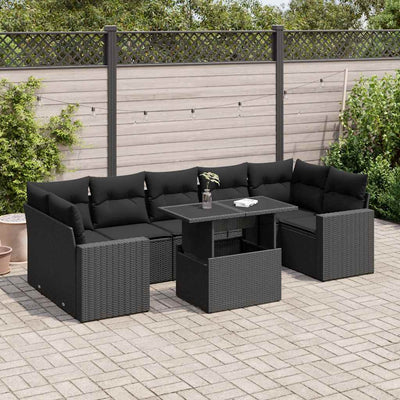 8 Piece Garden Sofa Set with Cushions Black Poly Rattan