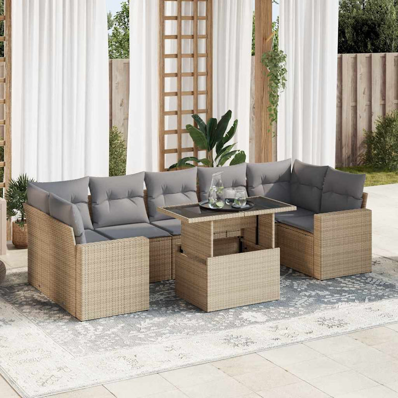 8 Piece Garden Sofa Set with Cushions Beige Poly Rattan